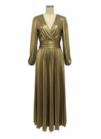 Wedding Prom Party Elegant Long Dresses Women Pleated V-Neck Dresses 2025 Spring Autumn Long Sleeves Gown Gold Holiday Dress
