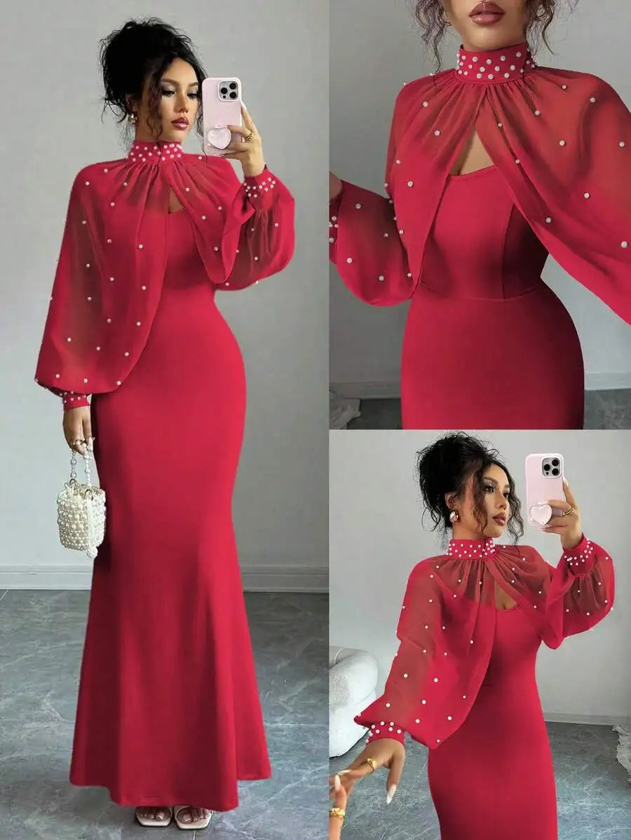 Elegant Pink Mermaid Gown with Beaded Sheer Capelet, Bodycon Slip Dress Set Fiery Red United States