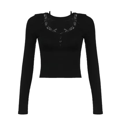 Pure desire sweet style bow hanging neck Korean V-neck lace top versatile slimming solid color long sleeved T-shirt