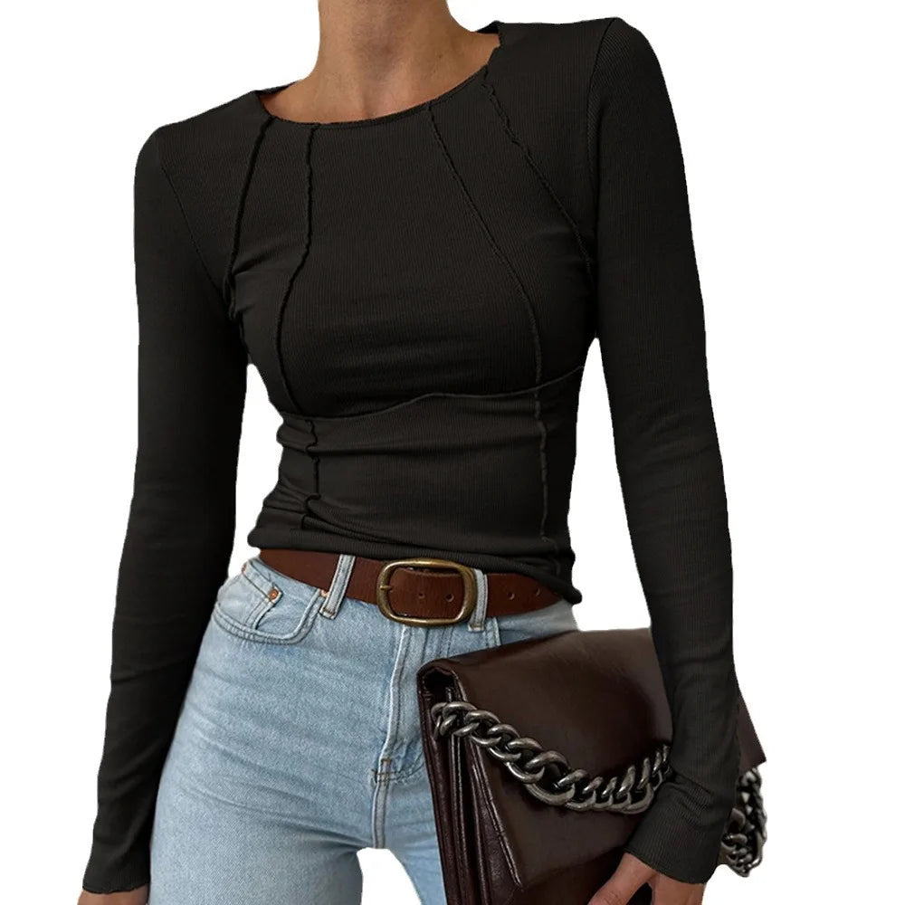 2025 Lady shirt Fall Winter Women's Slim Fit Casual Round Neck Basic Pullover Chest Shape Stitching Long Sleeve Sports Shirt
