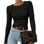 2025 Lady shirt Fall Winter Women's Slim Fit Casual Round Neck Basic Pullover Chest Shape Stitching Long Sleeve Sports Shirt