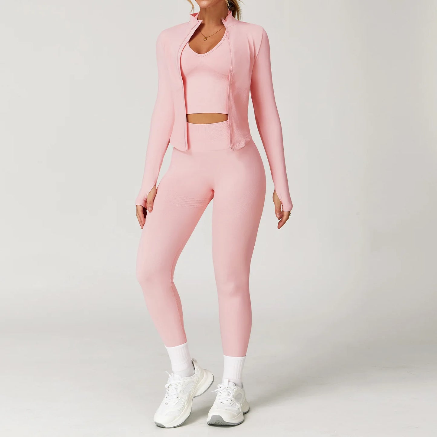 2/3/4PCS Yoga Set Gym Clothes Sportswear Seamless Yoga Suits For Women Fitness Long Sleeved Tracksuits Sports Bra Gym Leggings Peach powder 3pcs-2 China Mainland