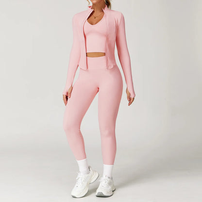 2/3/4PCS Yoga Set Gym Clothes Sportswear Seamless Yoga Suits For Women Fitness Long Sleeved Tracksuits Sports Bra Gym Leggings Peach powder 3pcs-2 China Mainland
