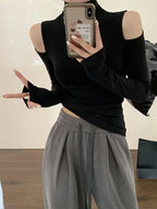 Korean Fall Winter Turtleneck Basic Tops Women Sexy Off Shoulder Long Sleeve Thick Fleece T Shirt Fashion Black Tees Lady