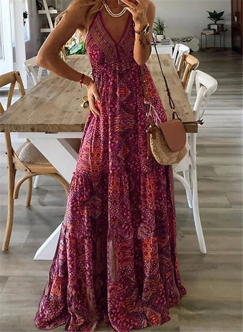 Bohemian Floral Maxi Dress Burgundy
