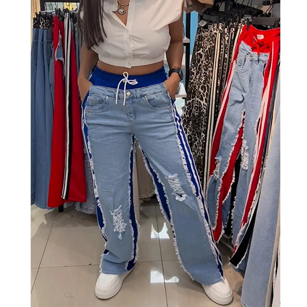 High Waist Ripped Jeans Women Colorblock Contrast Distressed Patchwork Pants Streetwear Wide Leg Long Stretch Denim Jeans Blue