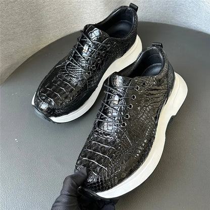 Authentic Real Crocodile Skin Classic Black White Men Soft Sneakers Genuine Exotic Alligator Leather Male Lace-up Walking Flats