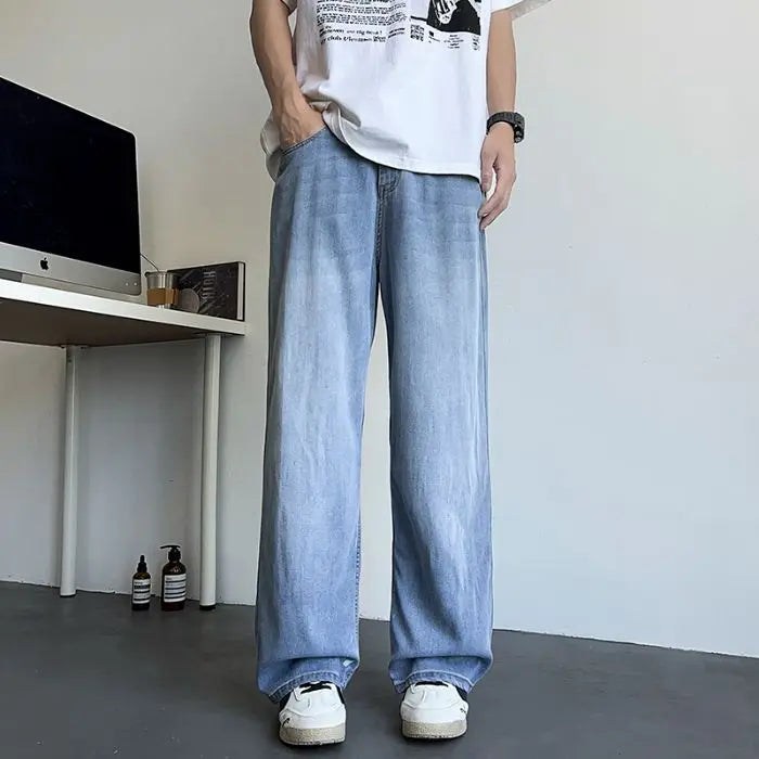 Men's Korean Streetwear Baggy Jeans — Wide Leg, Low Waist, Light Wash Blue