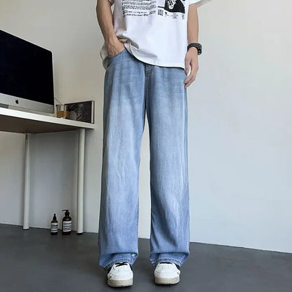Men's Korean Streetwear Baggy Jeans — Wide Leg, Low Waist, Light Wash Blue