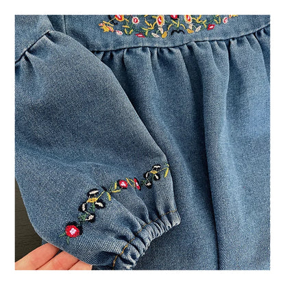 Kids Clothing Spring And Autumnr Round Neck Floral Embroidered Long Sleeve Denim dress Girls Dress Princess Dress