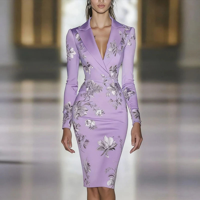 Floral Print Bodycon Evening Dress Purple