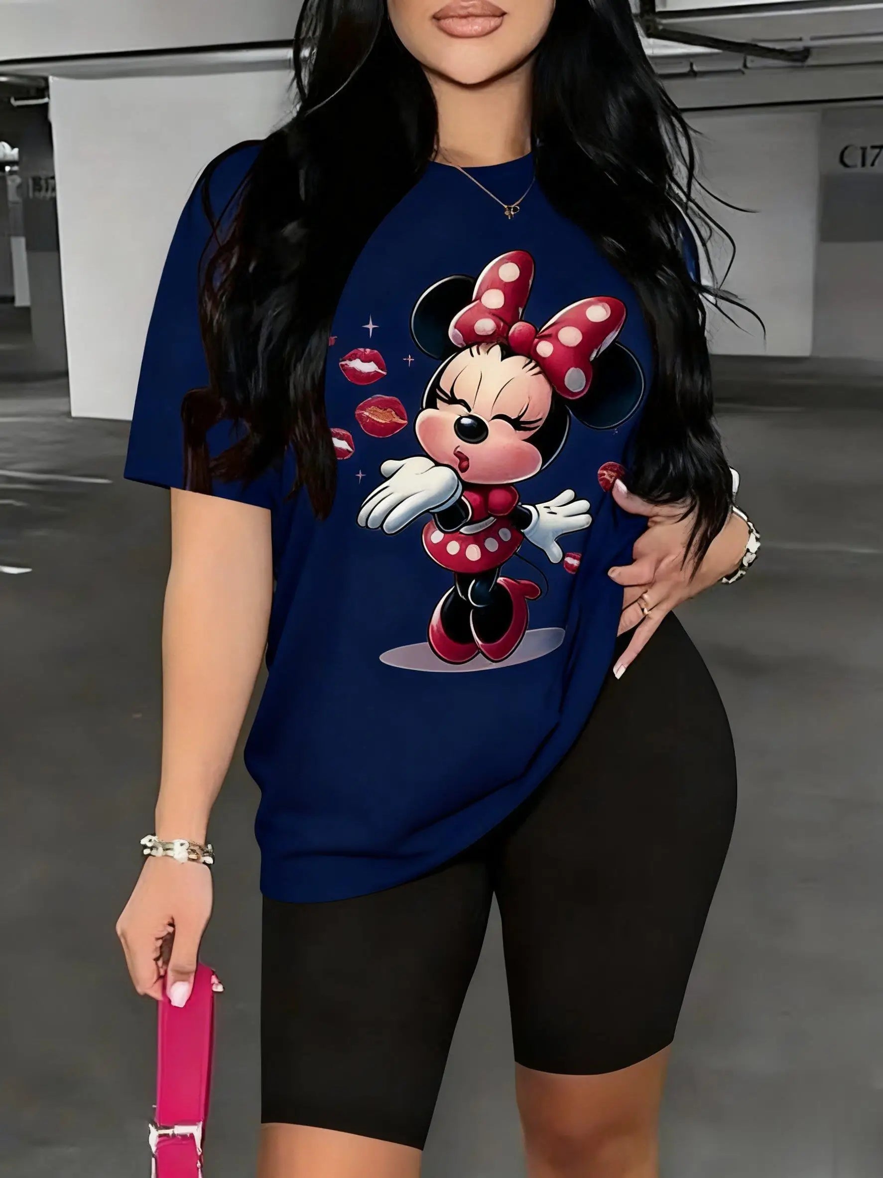 Minnie Mouse Women T Shirt Summer Men Short Sleeve Tee Loose Fit Casual Top Cute Cartoon Graphic Print Cotton Streetwear Fashion