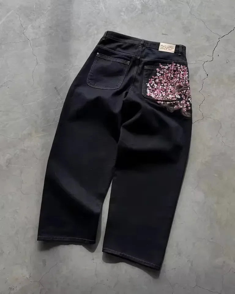 Cherry Blossom Embroidered Baggy Jeans — Y2K Low Waist Wide Leg, Unisex