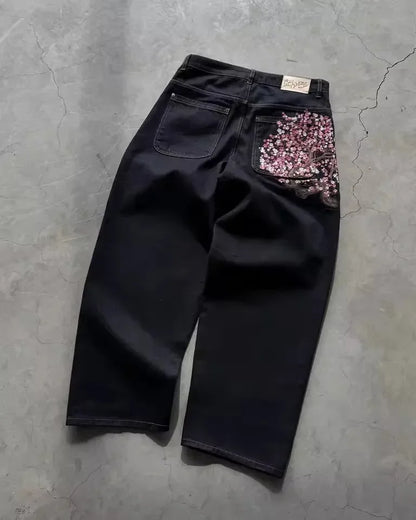 Cherry Blossom Embroidered Baggy Jeans — Y2K Low Waist Wide Leg, Unisex