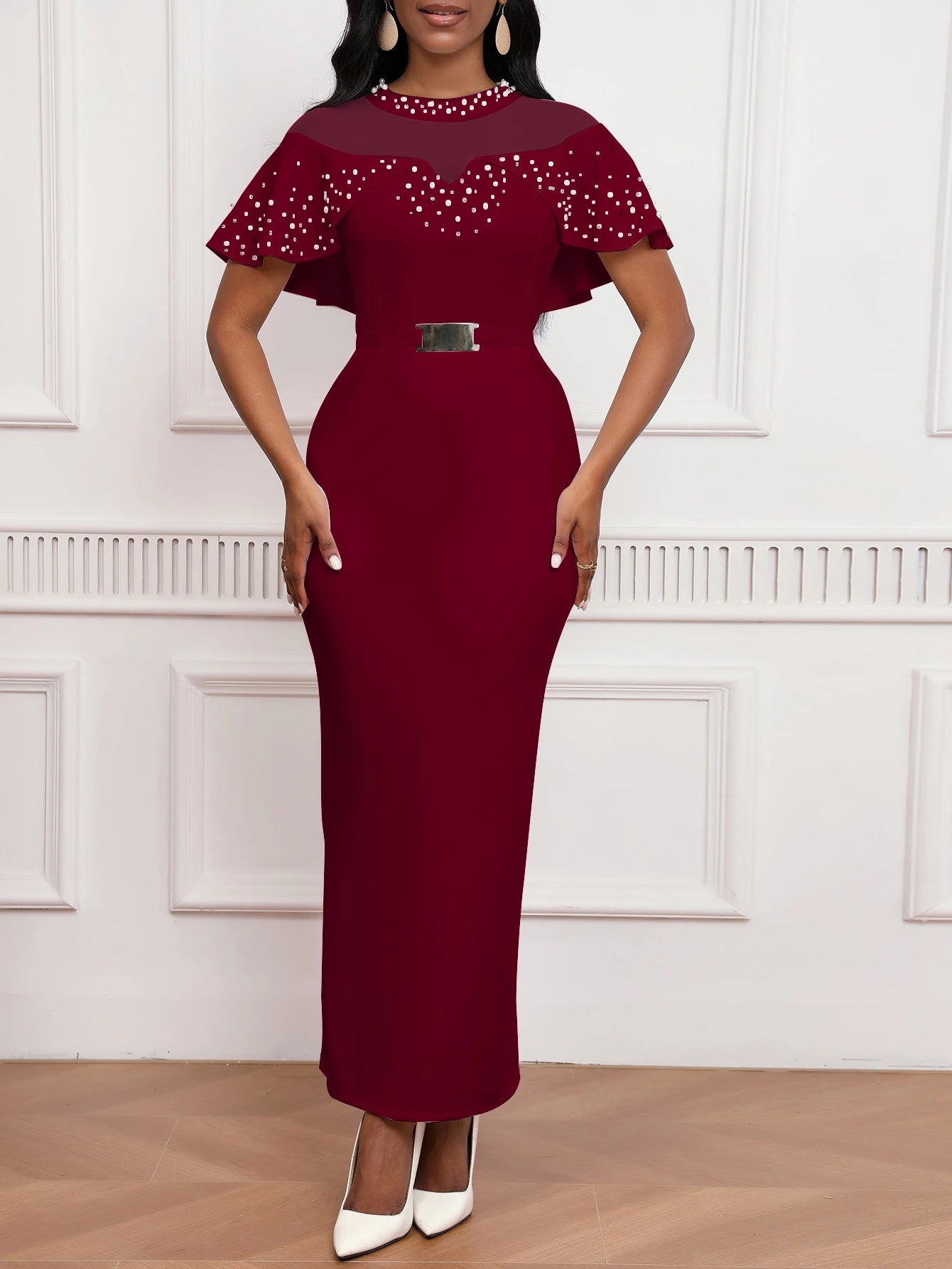 2025 Fashion Elastic Banquet Elegant Dress with Beaded Tulle Shawl Sleeves, Belted, Slim-Fitting, and Pencil Long Skirt Burgundy United States