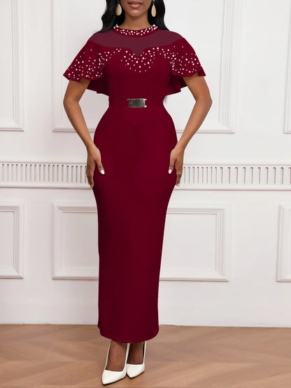 2025 Fashion Elastic Banquet Elegant Dress with Beaded Tulle Shawl Sleeves, Belted, Slim-Fitting, and Pencil Long Skirt Burgundy United States