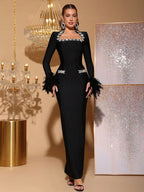 Newest Fashion 2025 Party Vestido Women's Diamonds Feather Tight Long Maxi Dress Long sleeves Elegant Evening Banquet Gowns