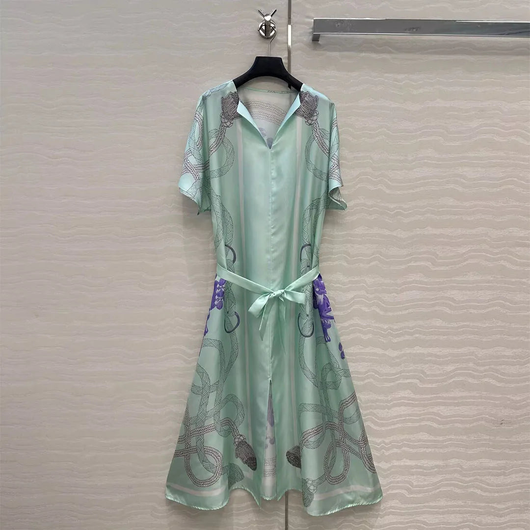 Luxury 100% Silk Vintage Dress Women V-neck Short Sleeve Rope Totem Printing Belt Mint Green Elegant Lady Long Dresses Mint Green