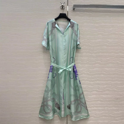 Luxury 100% Silk Vintage Dress Women V-neck Short Sleeve Rope Totem Printing Belt Mint Green Elegant Lady Long Dresses Mint Green