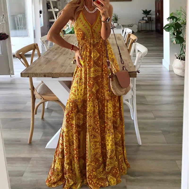 Bohemian Floral Maxi Dress Yellow