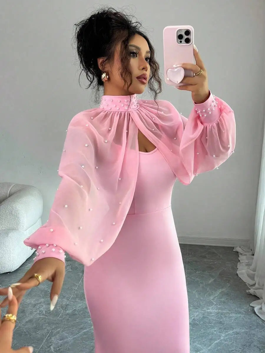 Elegant Pink Mermaid Gown with Beaded Sheer Capelet, Bodycon Slip Dress Set