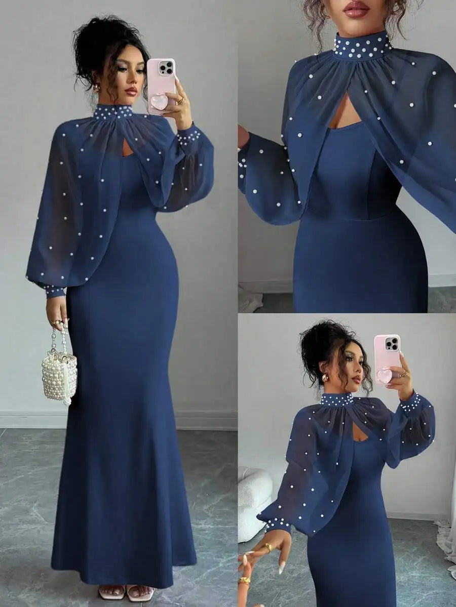 Elegant Pink Mermaid Gown with Beaded Sheer Capelet, Bodycon Slip Dress Set