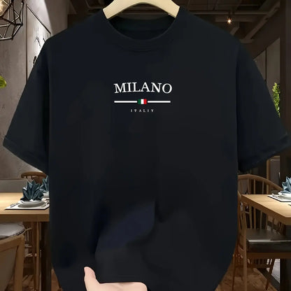 Men's 100% pure cotton fashionable casual loose Italian style Milan letter printed round neck short sleeved T-shirt top A1589-hei 1