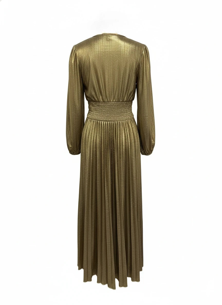 Wedding Prom Party Elegant Long Dresses Women Pleated V-Neck Dresses 2025 Spring Autumn Long Sleeves Gown Gold Holiday Dress