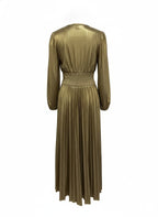 Wedding Prom Party Elegant Long Dresses Women Pleated V-Neck Dresses 2025 Spring Autumn Long Sleeves Gown Gold Holiday Dress