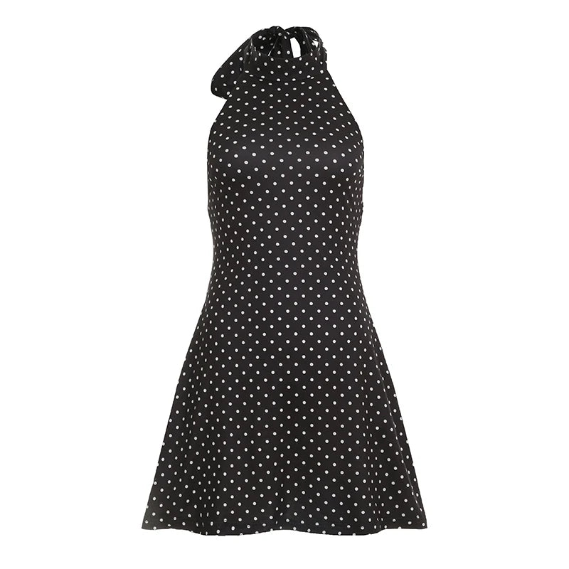 SUCHCUTE Sexy Polka Dot Print Halter Dress For Women Elegant Party Slim Backless Sleeveless Mini Dress Summer Vacation Outfits black