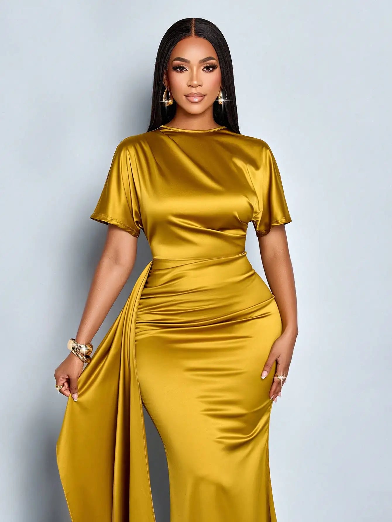 Elegant Gold Satin Maxi Dress with Batwing Sleeves and Side Drape