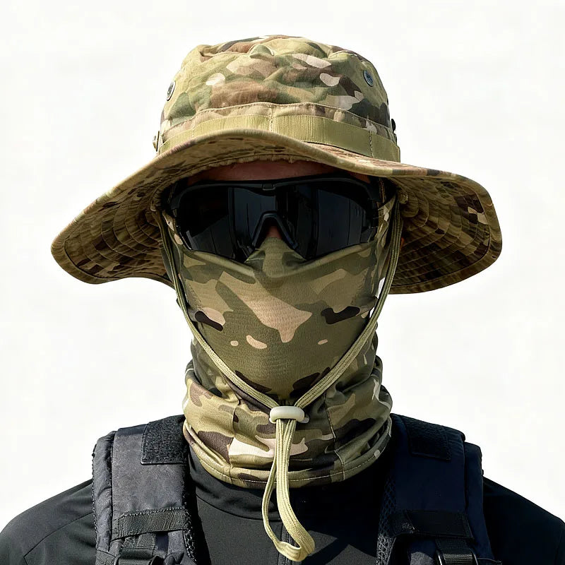 Camouflage Boonie Cap Balaclava Hat Suit Foldable Soft Hat Outdoor Hunting Fishing Wide Brimmed Hat Sunscreen Caps
