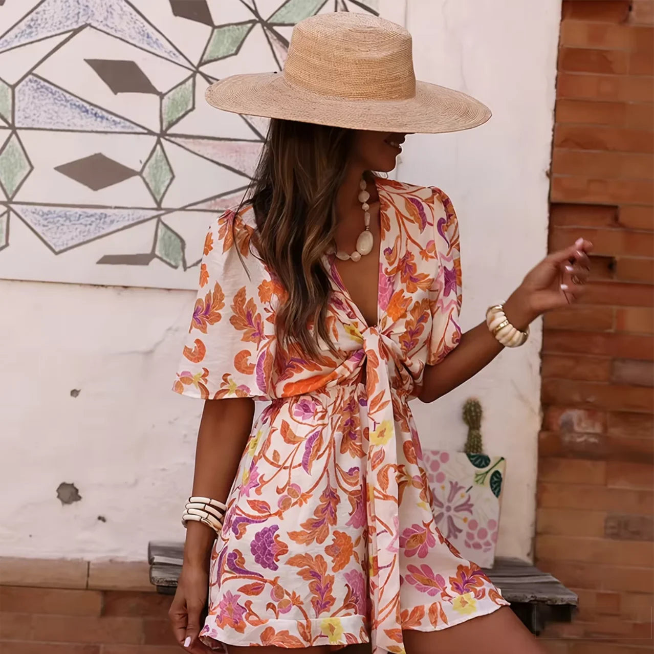 2026 Spring/Summer European & American Style Women's Dress – V-Neck with Waist Bow Tie Detail, Slimming & Waist-Defining