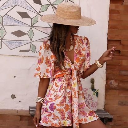 2026 Spring/Summer European & American Style Women's Dress – V-Neck with Waist Bow Tie Detail, Slimming & Waist-Defining