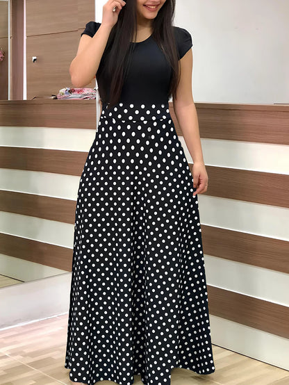 Spring/Summer Chic Midi Polka Dot Dress - Sexy Fit & Flare, Comfortable Knit, Easy-Care black