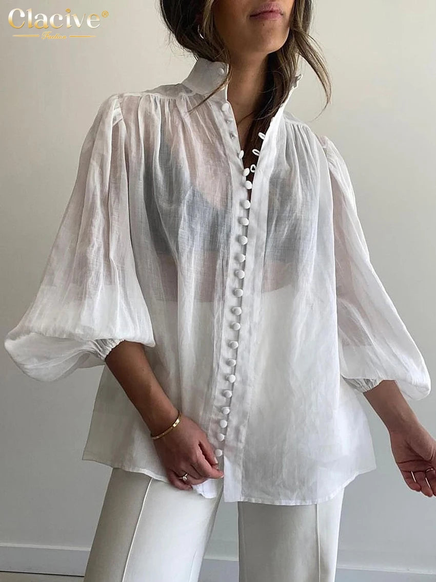 Clacive White Cotton Women's Blouse Elegant Stand Collar Puff Sleeve Casual Classic Shirt Female Clothing Midweight Full Sleeve