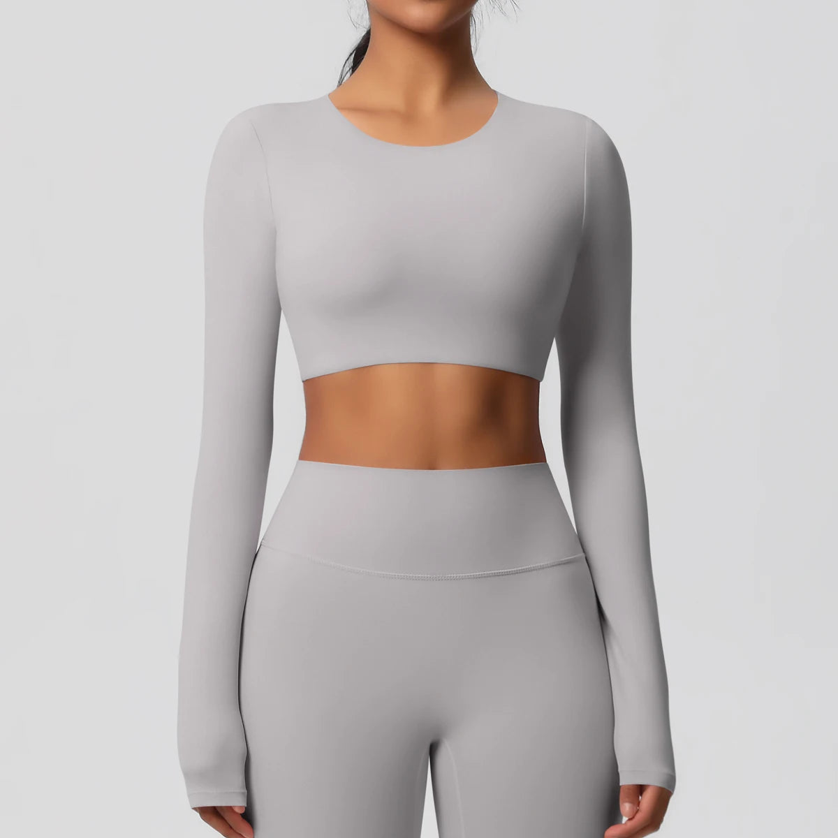 Yoga Shirts For Women Long Sleeve With Padded Fitness Running Gym Clothes Workout Dry Fit Breathable High Elastic Sports Top Light Grey