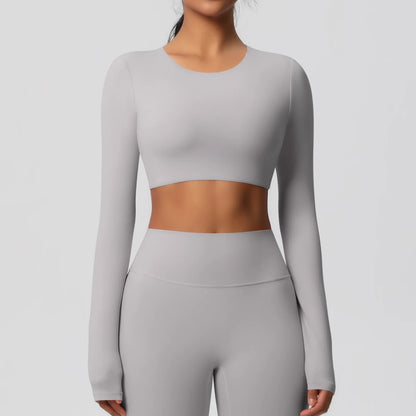 Yoga Shirts For Women Long Sleeve With Padded Fitness Running Gym Clothes Workout Dry Fit Breathable High Elastic Sports Top Light Grey