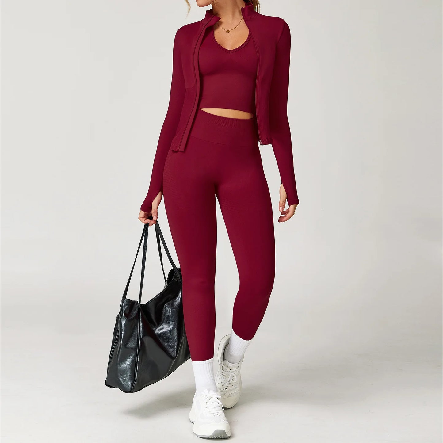 2/3/4PCS Yoga Set Gym Clothes Sportswear Seamless Yoga Suits For Women Fitness Long Sleeved Tracksuits Sports Bra Gym Leggings Cherry Red 3pcs-2 China Mainland
