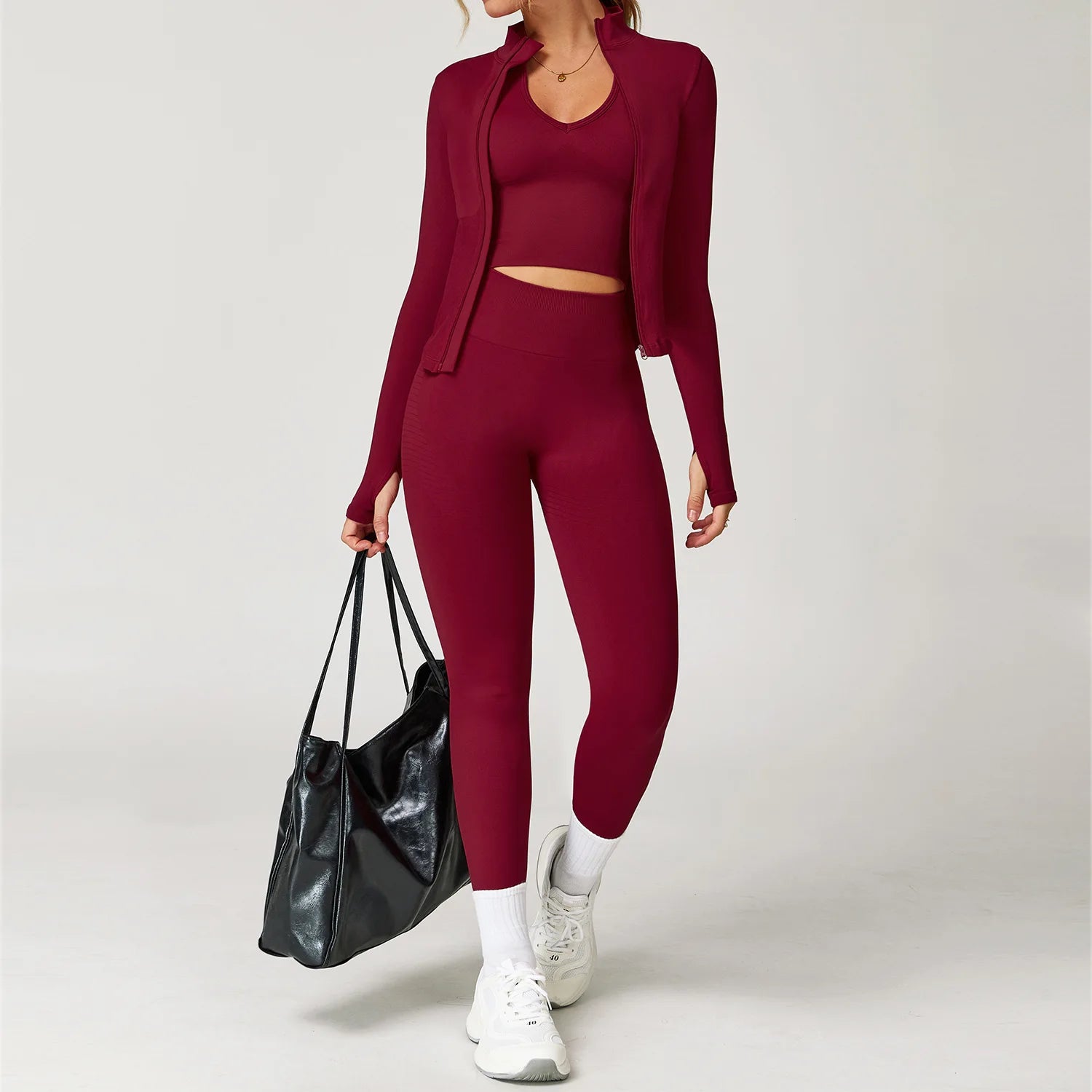 2/3/4PCS Yoga Set Gym Clothes Sportswear Seamless Yoga Suits For Women Fitness Long Sleeved Tracksuits Sports Bra Gym Leggings Cherry Red 3pcs-2 China Mainland