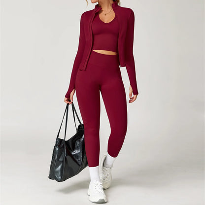 2/3/4PCS Yoga Set Gym Clothes Sportswear Seamless Yoga Suits For Women Fitness Long Sleeved Tracksuits Sports Bra Gym Leggings Cherry Red 3pcs-2 China Mainland