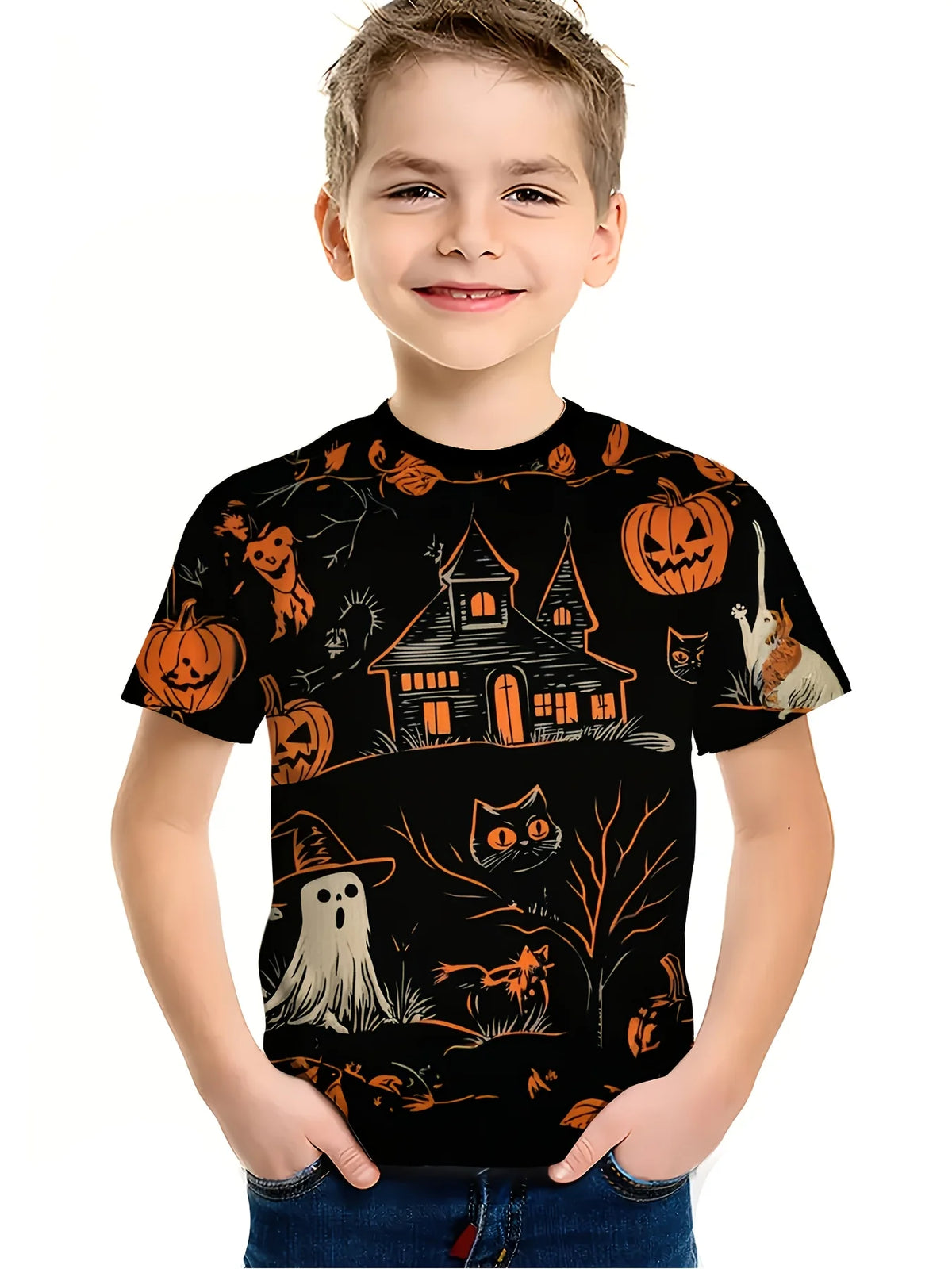 Kids Halloween Graphic T-Shirt Spooky Cat & Bat Print TXS00QOW