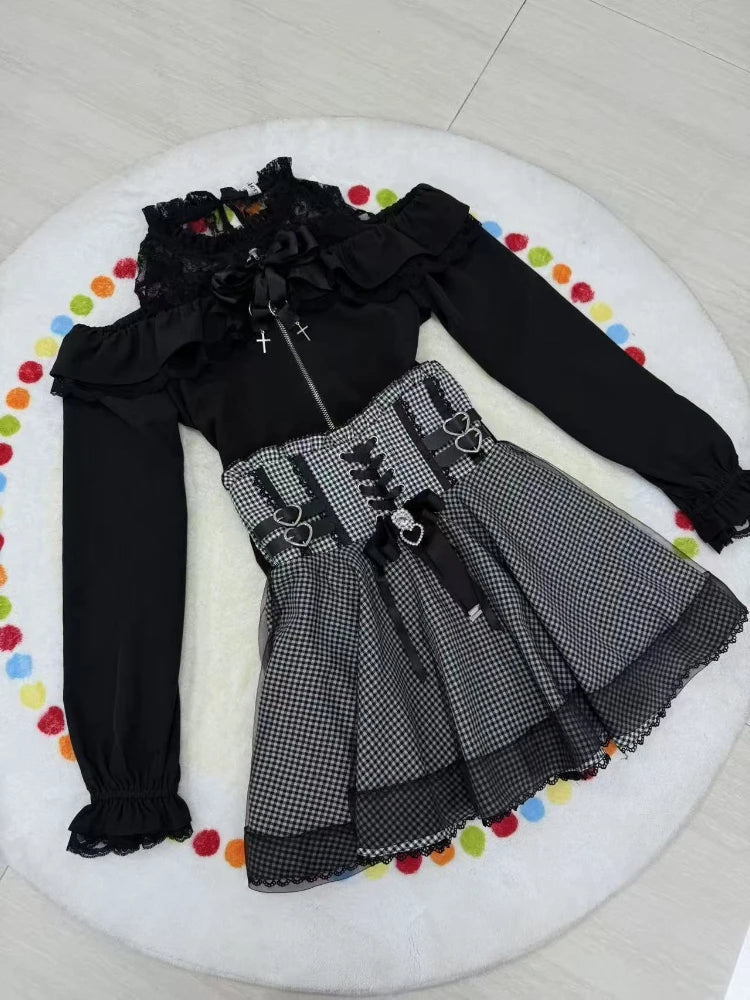 Sweet Elegant Kawaii Slim Off Shoulder Suit Women's Japanese Lovely Lace New Black Short Skirt Suit Fashion Vintage Lolita Set