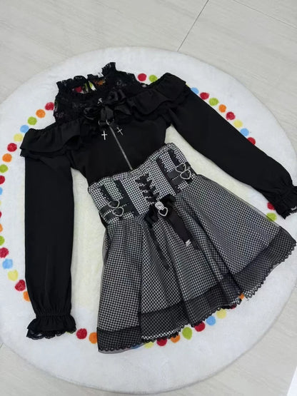 Sweet Elegant Kawaii Slim Off Shoulder Suit Women's Japanese Lovely Lace New Black Short Skirt Suit Fashion Vintage Lolita Set
