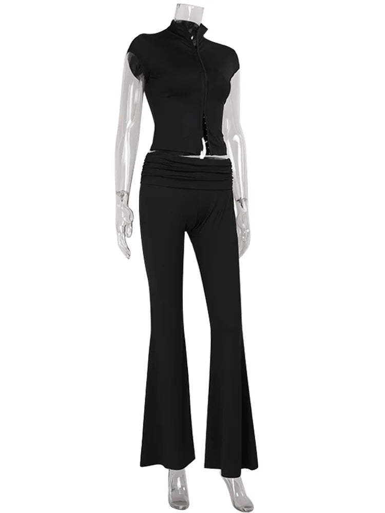 Ahagaga Sexy Women's Sets Short Sleeves Hollow Out Skinny Zipper Basic 2Pcs (Tops+Long Pants) High Street Turtleneck Reacksuits
