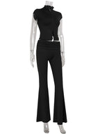 Ahagaga Sexy Women's Sets Short Sleeves Hollow Out Skinny Zipper Basic 2Pcs (Tops+Long Pants) High Street Turtleneck Reacksuits