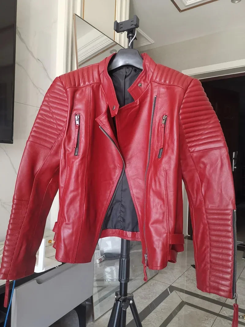 Women's Genuine Sheepskin Leather Jacket — Short Slim Fit wine red
