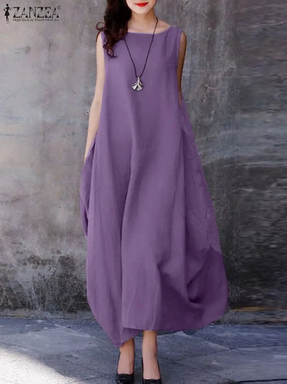 ZANZEA 2024 Fashion Summer Dress Women Holiday Oversized Maxi Dresses Casual Loose Solid Cotton Vestidos Sleeveless O Neck Robe PURPLE