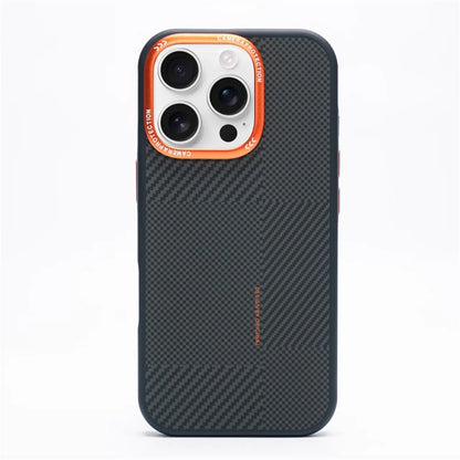 Matte Carbon Fiber Texture MagSafe Phone Case For iPhone 17 16 15 14 Pro Max 17Air Wireless Charging Alloy Lens Shockproof Cover Orange