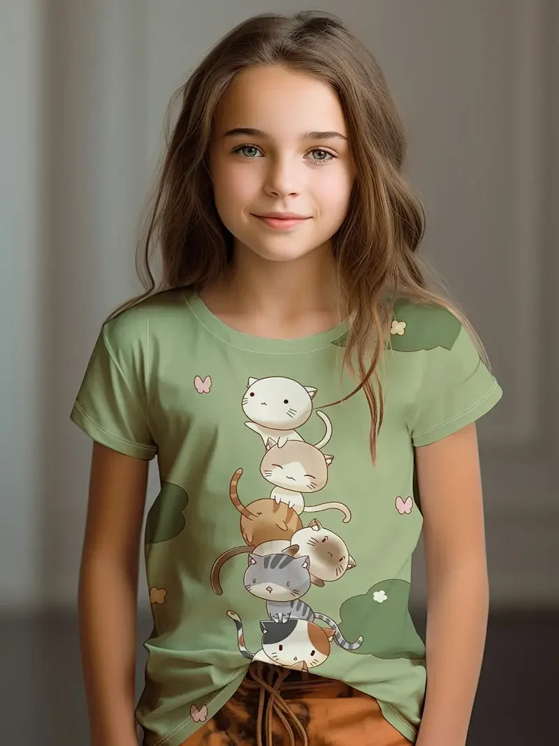 Kids Clothes Children's T-Shirt Girl Short Sleeve Top Cartoon Cat Kawaii Girls Summer Clothes Child T-Shirt Children's Clothing S35TX3379 CHINA